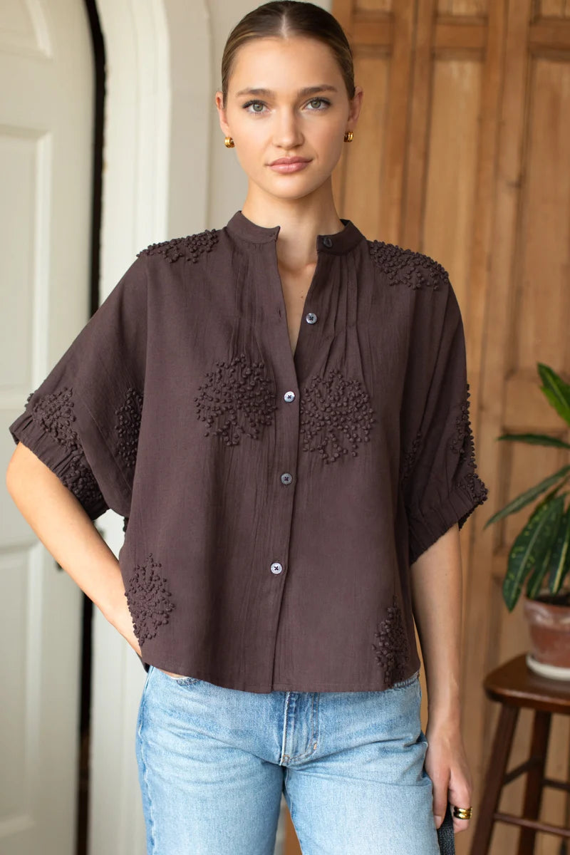 Emerson Fry - Mandarin Collar Top in French Knot Floral Vintage Chestnut