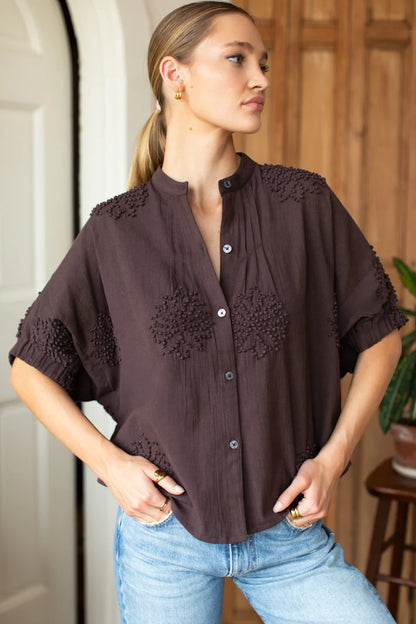 Emerson Fry - Mandarin Collar Top in French Knot Floral Vintage Chestnut