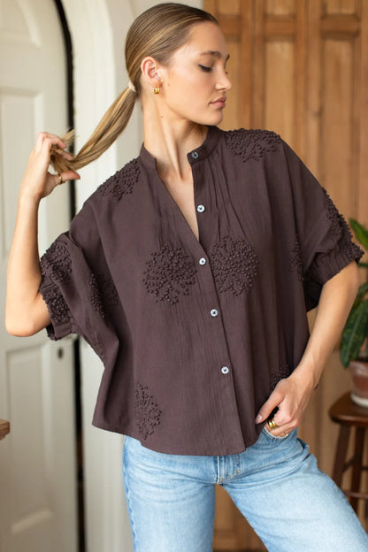 Emerson Fry - Mandarin Collar Top in French Knot Floral Vintage Chestnut
