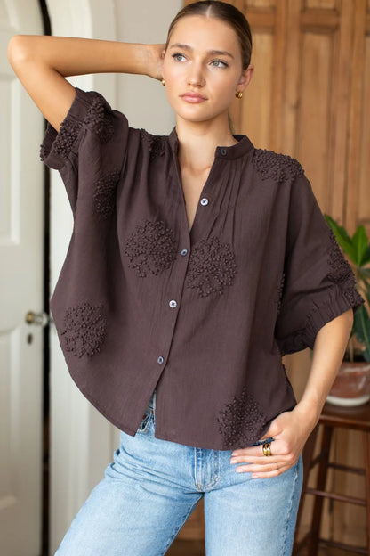 Emerson Fry - Mandarin Collar Top in French Knot Floral Vintage Chestnut