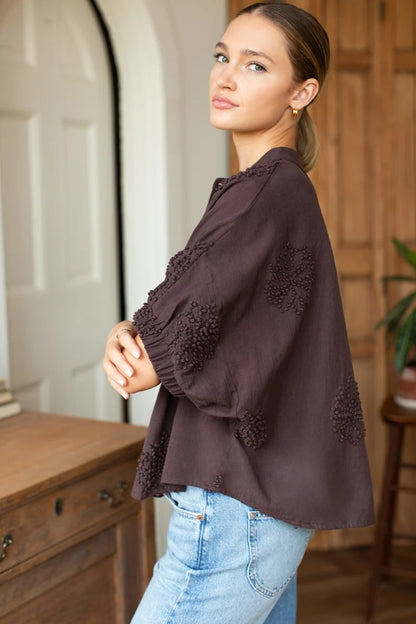 Emerson Fry - Mandarin Collar Top in French Knot Floral Vintage Chestnut
