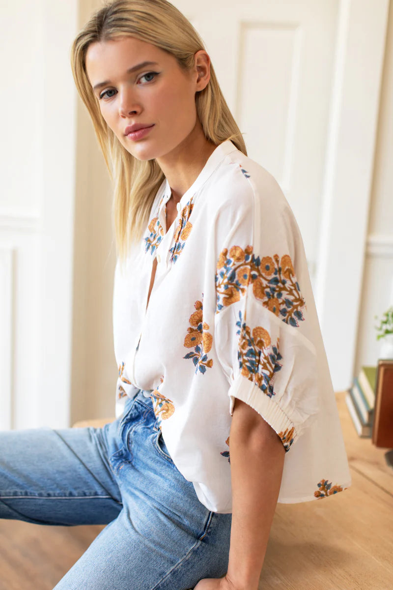 Emerson Fry Mandarin Collar Top  - Tomas Flowers Marigolds Organic
