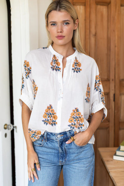 Emerson Fry Mandarin Collar Top  - Tomas Flowers Marigolds Organic