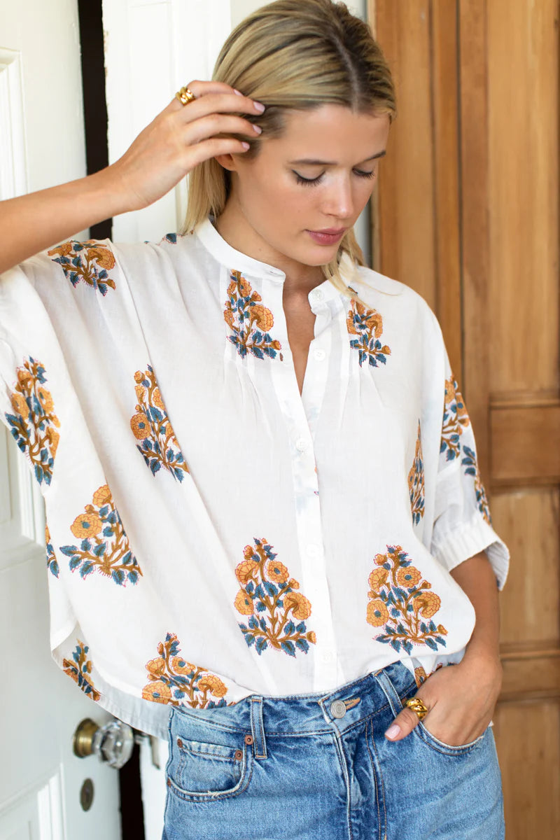 Emerson Fry Mandarin Collar Top  - Tomas Flowers Marigolds Organic