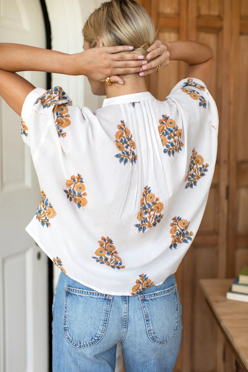 Emerson Fry Mandarin Collar Top  - Tomas Flowers Marigolds Organic