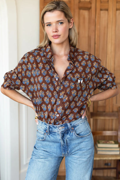 Emerson Fry - Ryan Shirt in Library Flowers Cocoa Organic