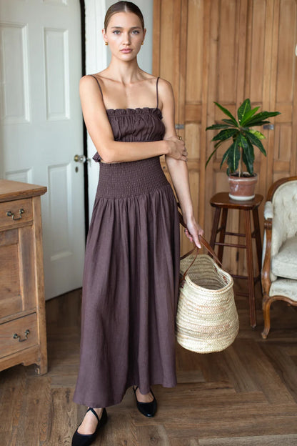 Emerson Fry - Smocked Maxi Linen Skirt in Vintage Chestnut