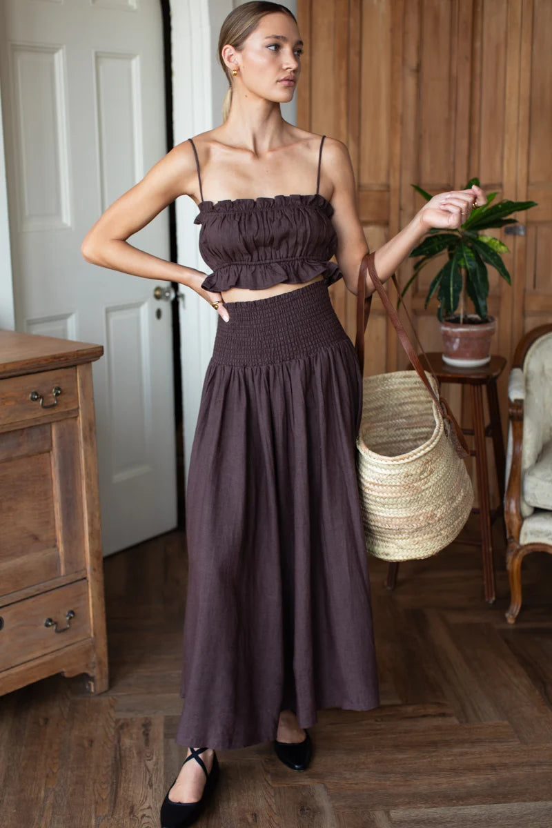 Emerson Fry - Smocked Maxi Linen Skirt in Vintage Chestnut