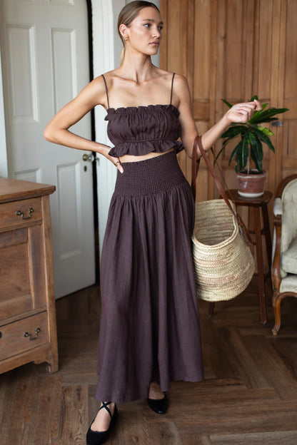 Emerson Fry - Smocked Maxi Linen Skirt in Vintage Chestnut