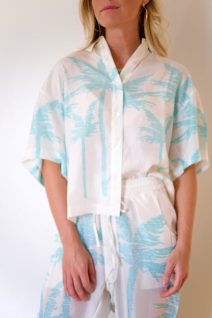 État D’été | Boxy PJ Blouse - Iced Aqua Palm / White Ground