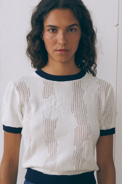 Maison Labiche | Ivory Navy Flowers Knitted T Shirt