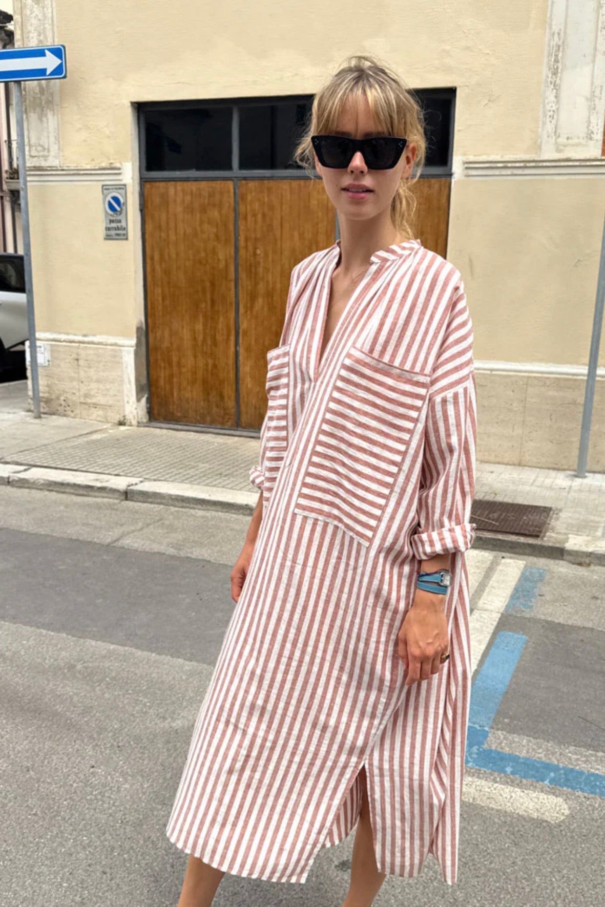 Two - Terracotta / Natural Stripe Two Pocket Caftan
