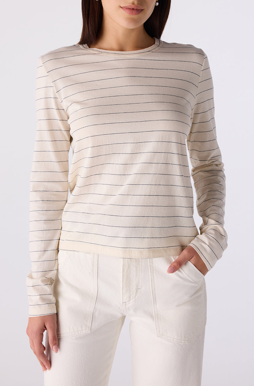 AMO Drew Long Sleeve Tee in Bone/Grey Stripe