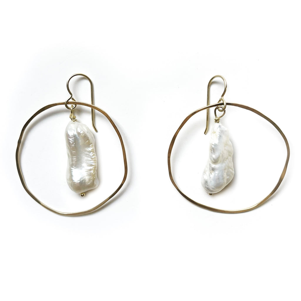 Gold Circle Earrings with Baroque Pearl Drop