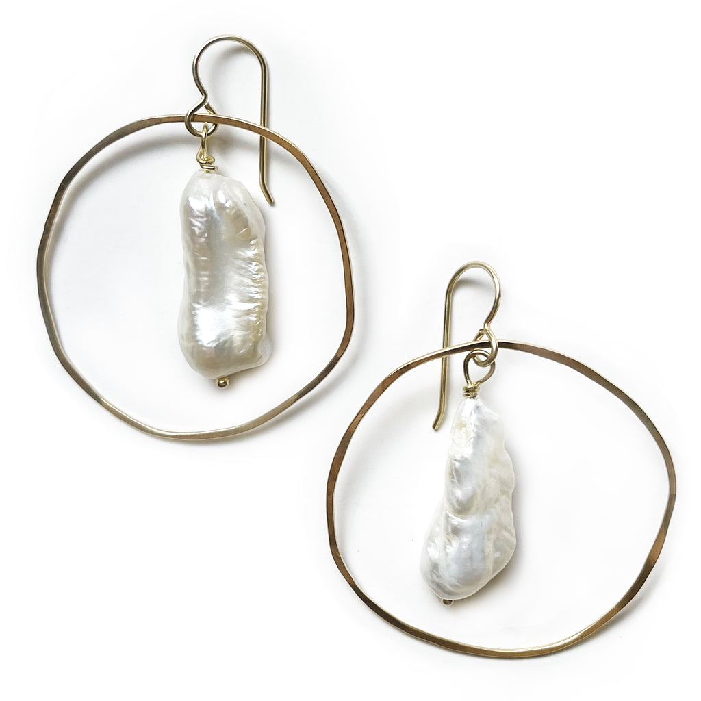 Gold Circle Earrings with Baroque Pearl Drop