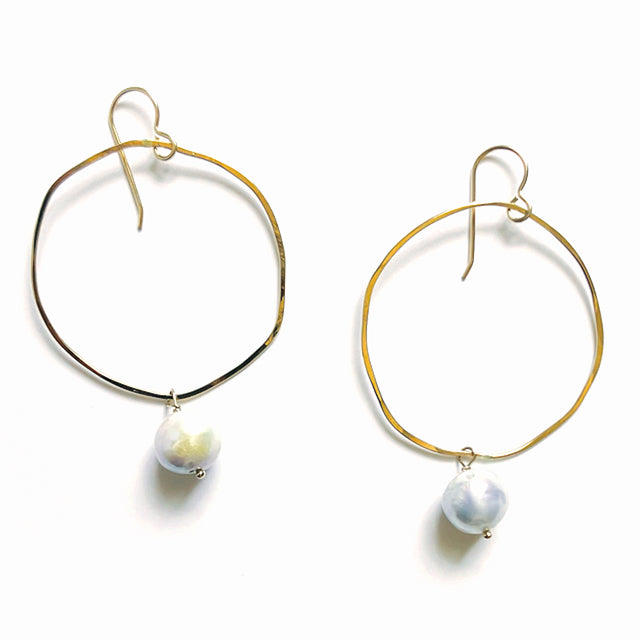 Gold Circle Earrings with Pearl Drop