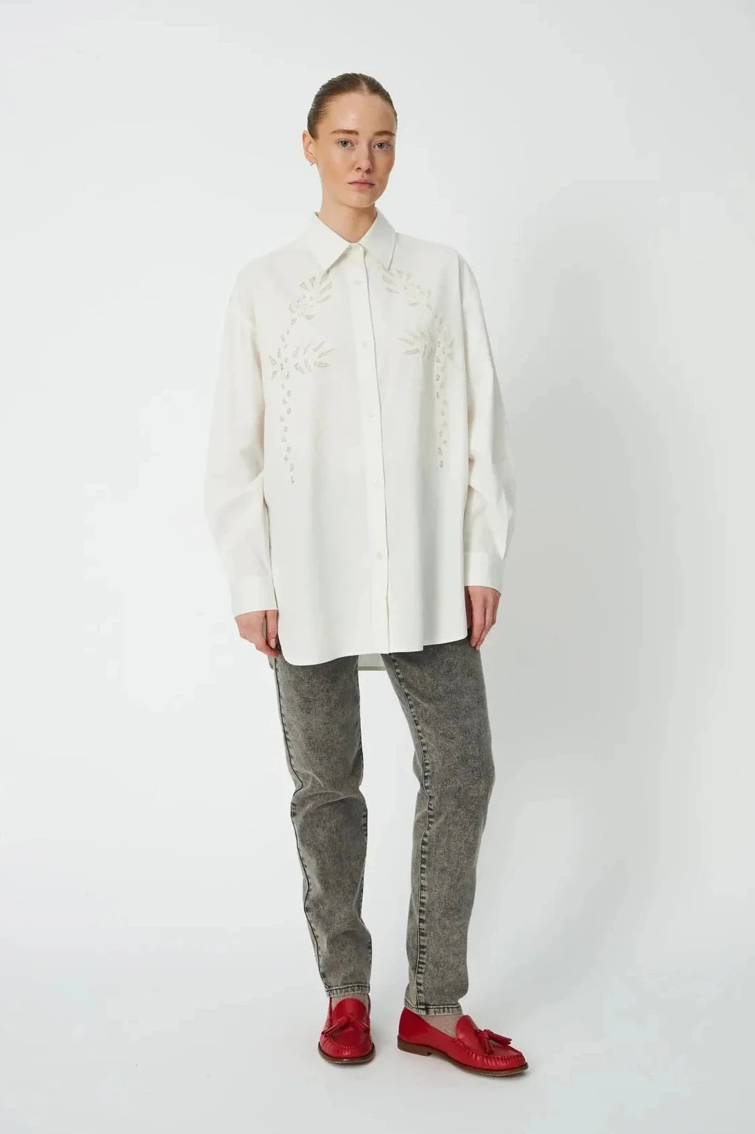 Stella Nova - Loose Shirt with Embroidery Anglaise in White