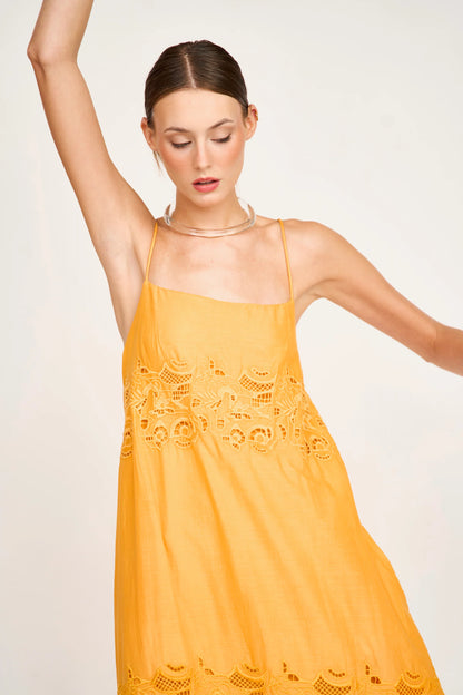MIRTH Ilio Dress in Marigold Embroidered Deco