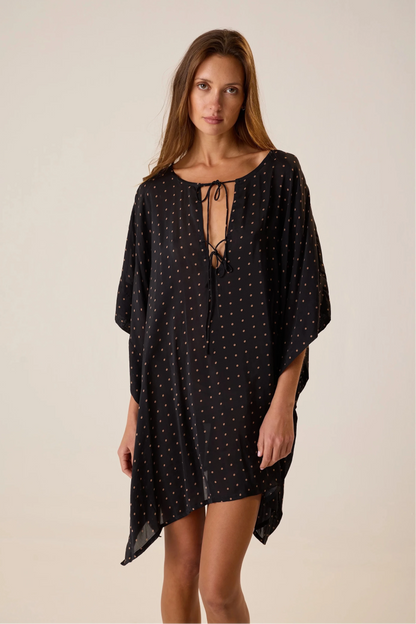 Natalie Martin - Paulina Mini Caftan in Petite Polka Dot Black & Tan