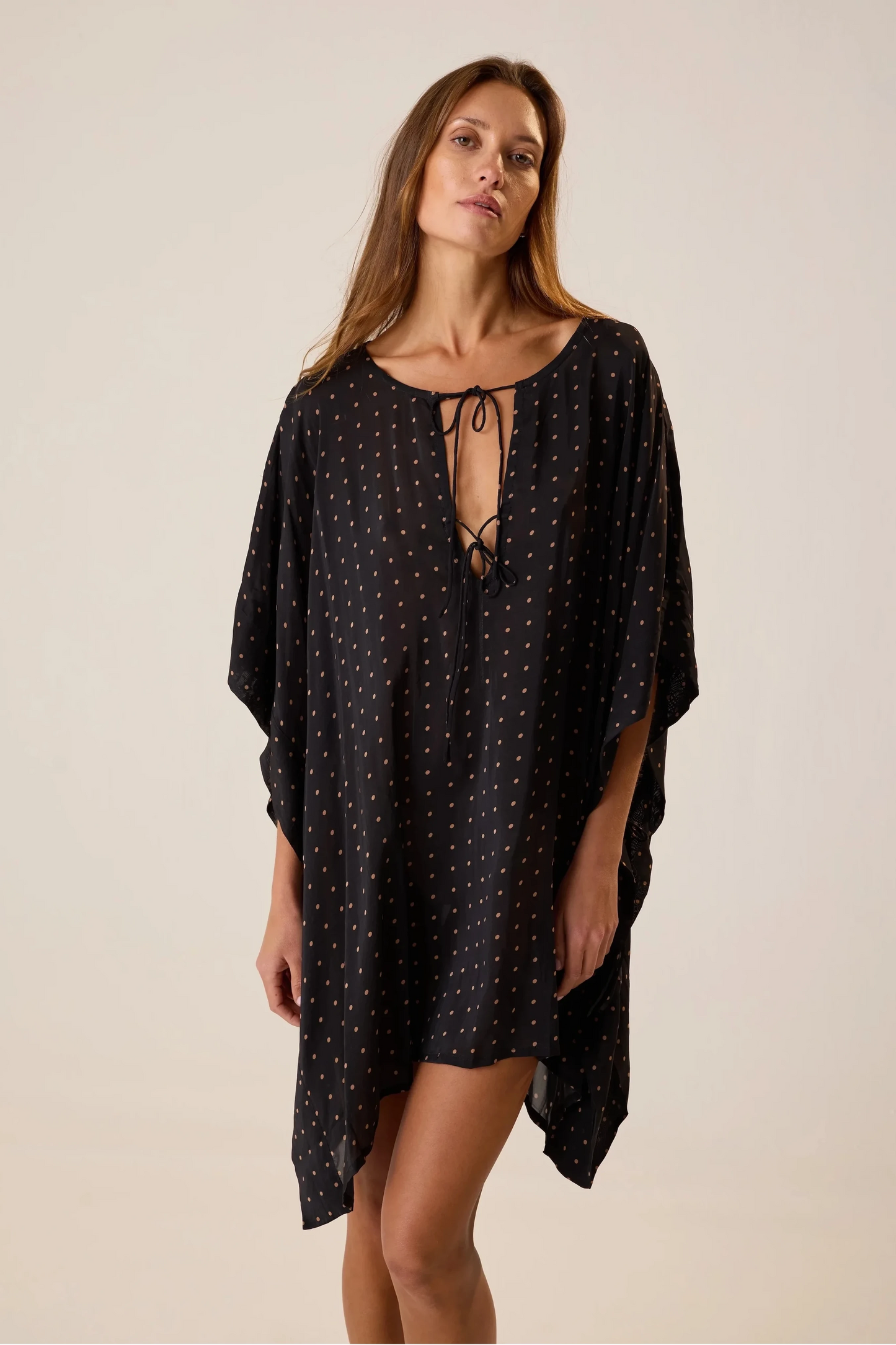 Natalie Martin - Paulina Mini Caftan in Petite Polka Dot Black & Tan