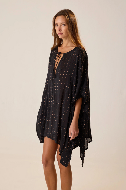 Natalie Martin - Paulina Mini Caftan in Petite Polka Dot Black & Tan