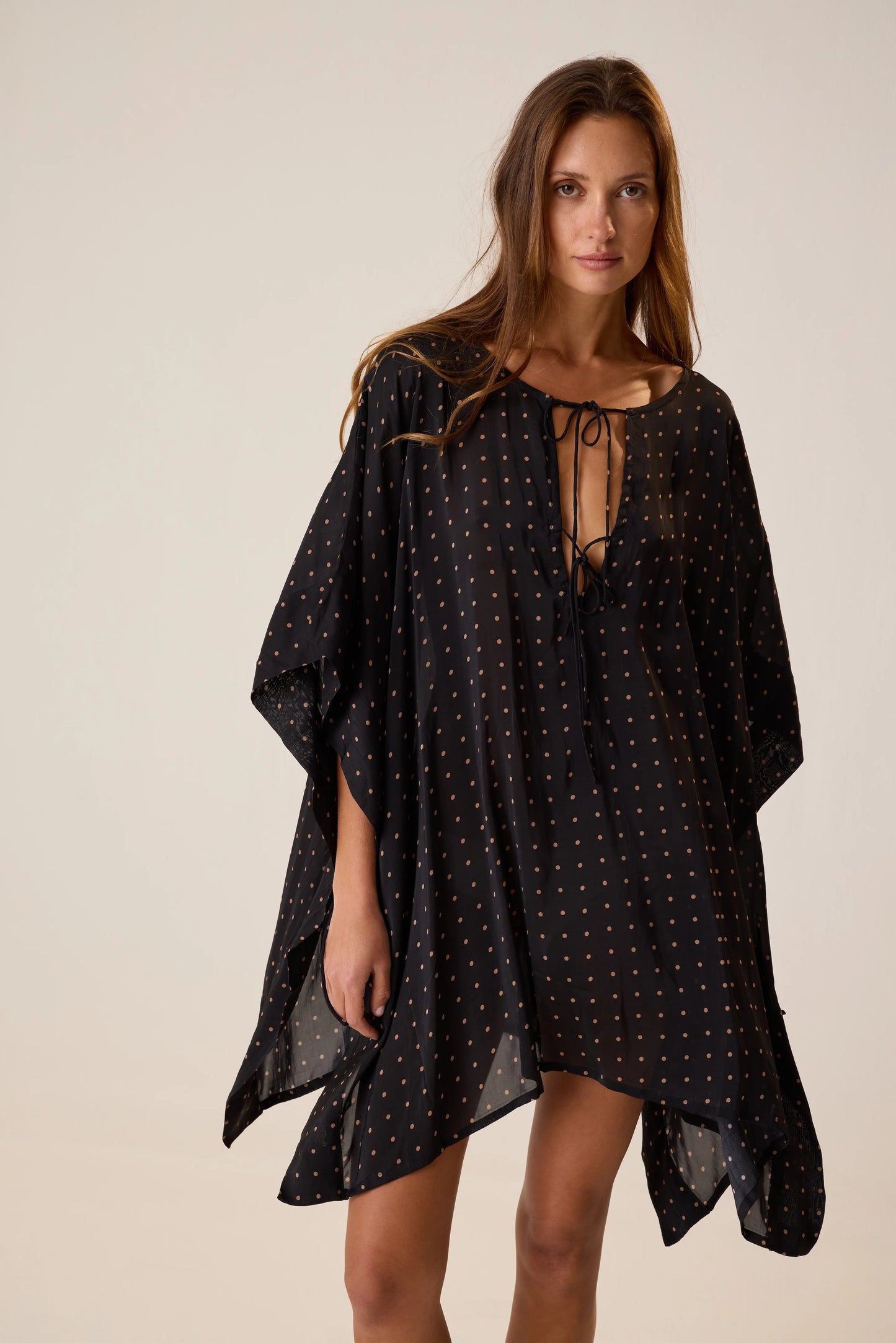 Natalie Martin - Paulina Mini Caftan in Petite Polka Dot Black & Tan