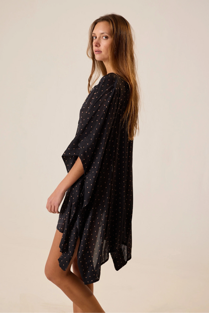 Natalie Martin - Paulina Mini Caftan in Petite Polka Dot Black & Tan