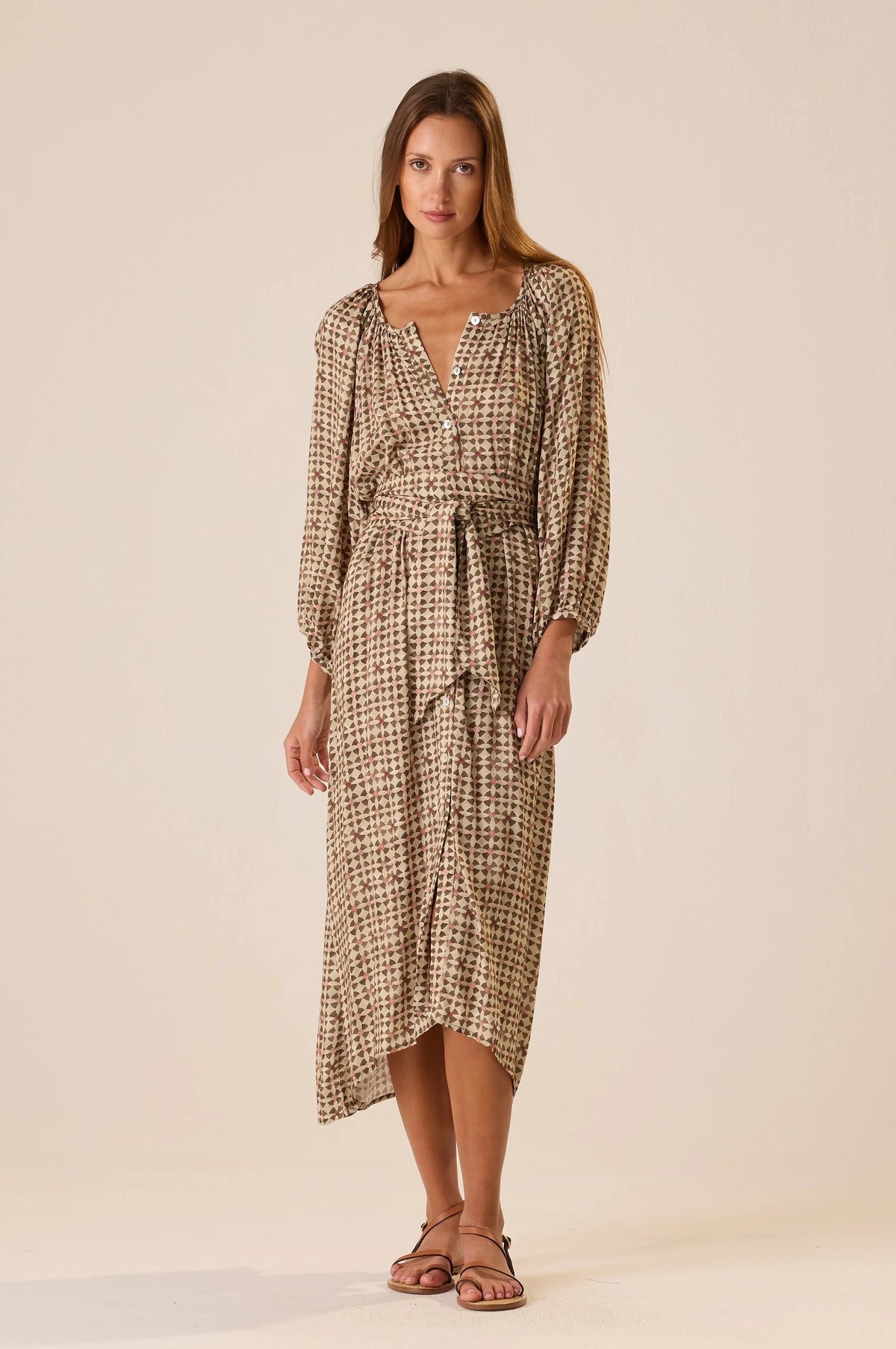 Natalie Martin - Alex Midi Dress With Sash in Martini Olive