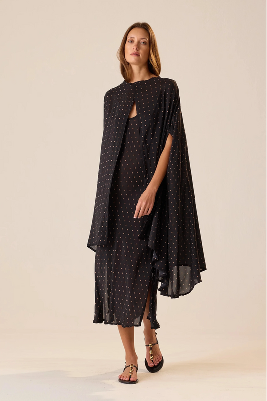 Natalie Martin - Karis Long Cape in Petite Polka Dot Black & Tan