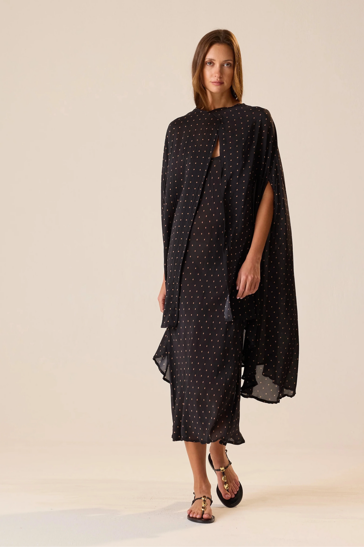 Natalie Martin - Karis Long Cape in Petite Polka Dot Black & Tan