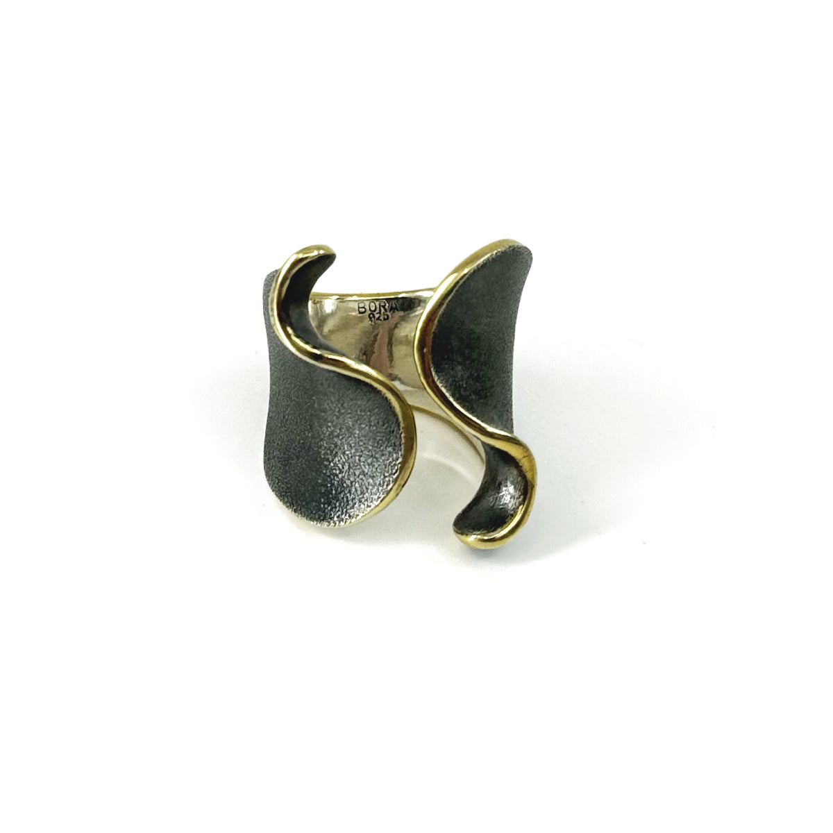 Bora Oxidized Sterling Silver Ring with Gold Edged Wave