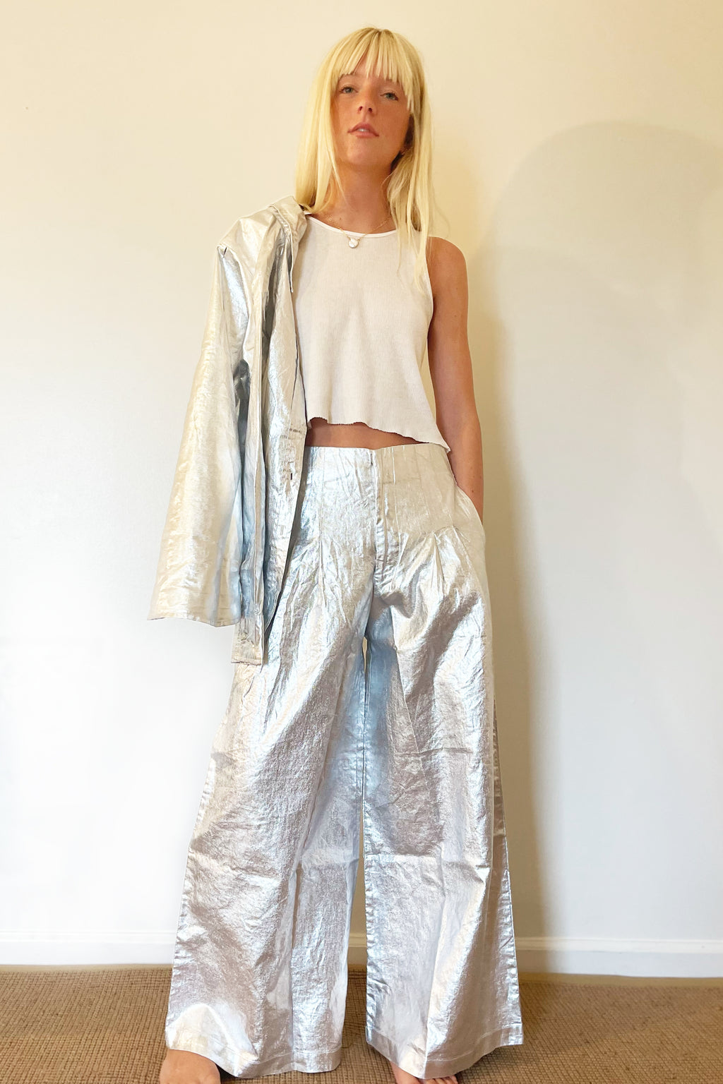 Lanhtropy Culotte Metallic Linen Pants -Silver