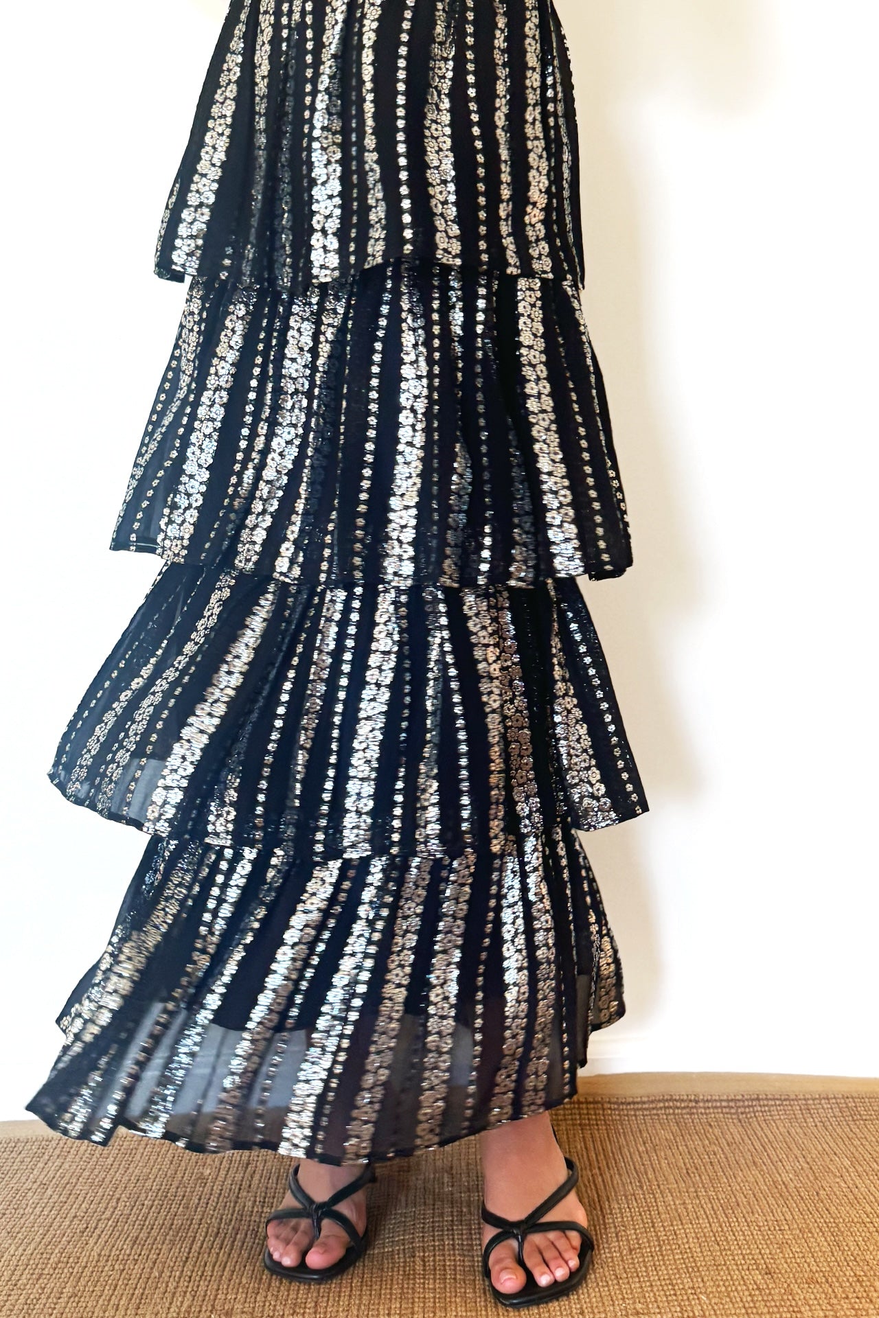 Emerson Fry Ruffle Midi Skirt Black Silver GOLDBUG