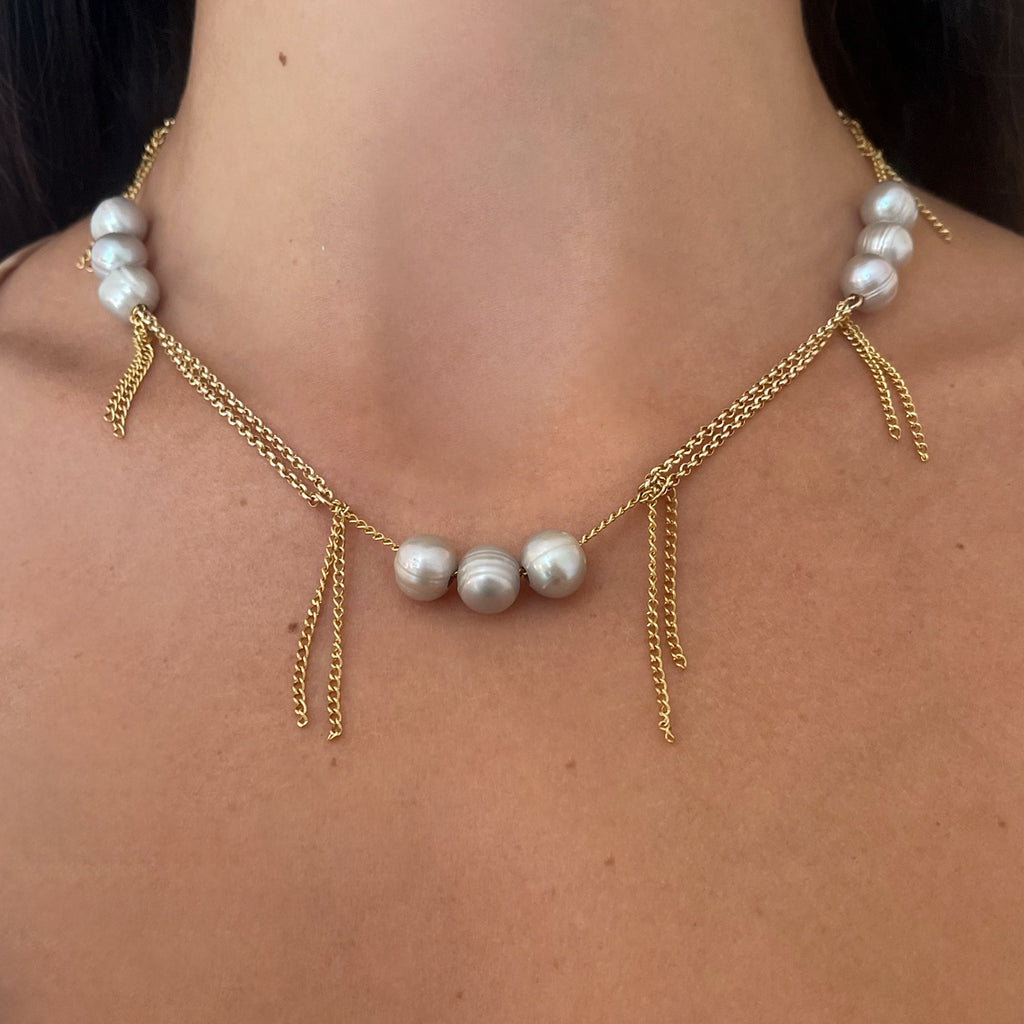 Sliding Pearl and Draped Chain Necklace