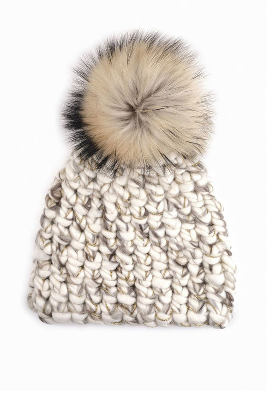 Mischa Lampert White and Gold Sparkle Raccoon Beanie