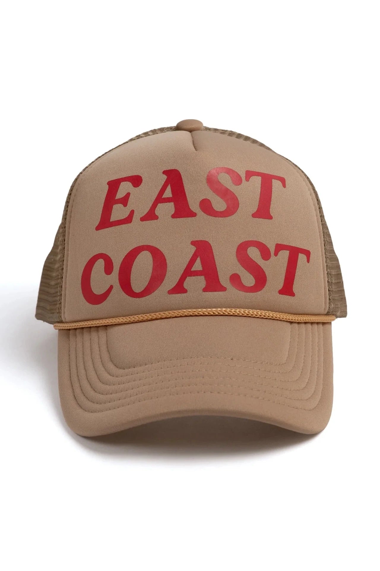Beige cap with 'East Coast' text in red on a white background