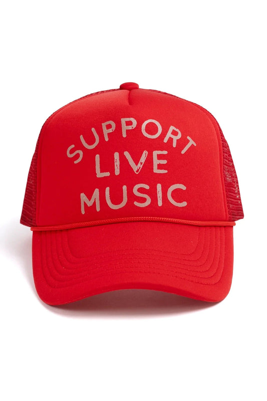 Red cap with 'Support Live Music' text on a white background