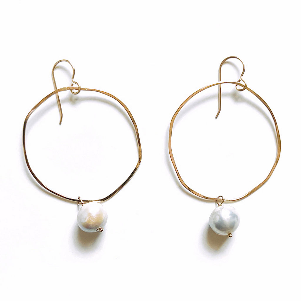 Gold Circle Earrings with Pearl Drop